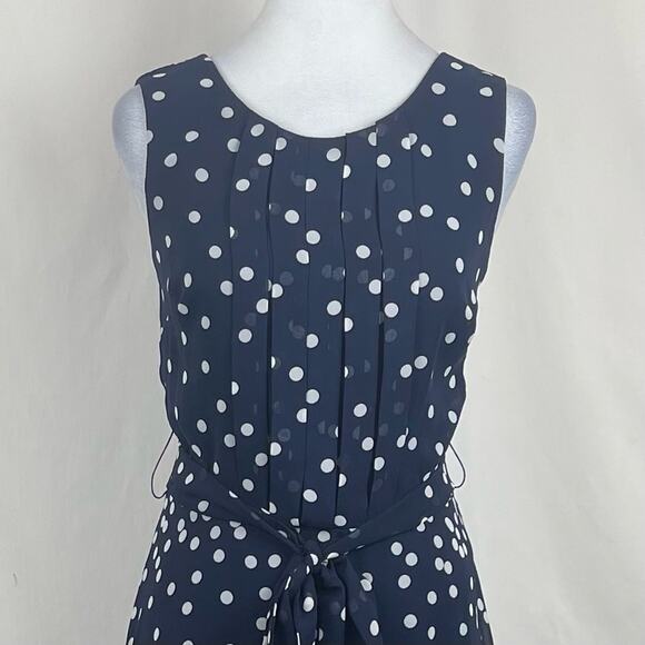 R & K Sheer Navy White Polka Dots Pleated Belted Feminine Maxi Dress NWOT Size 8 - Picture 3 of 13